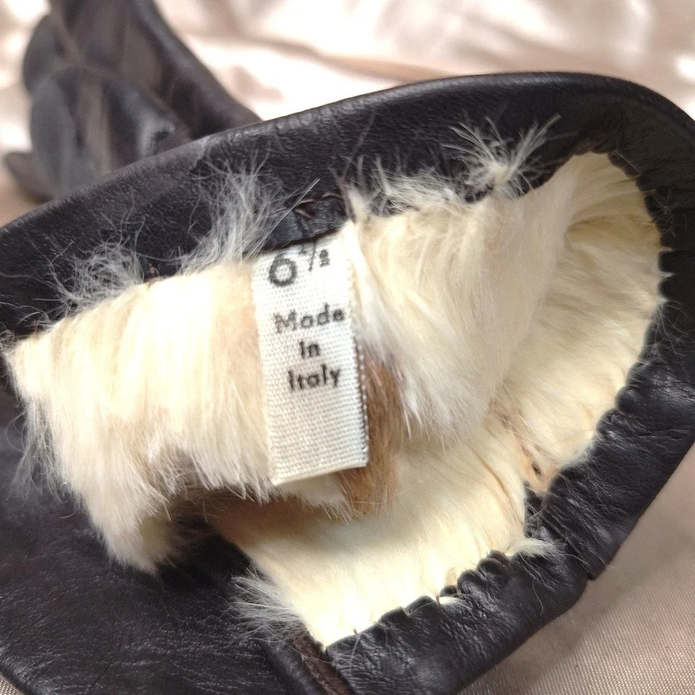 Warm Women's Black Leather Gloves with faux fur lining size 6-1/2 Made in Italy‎